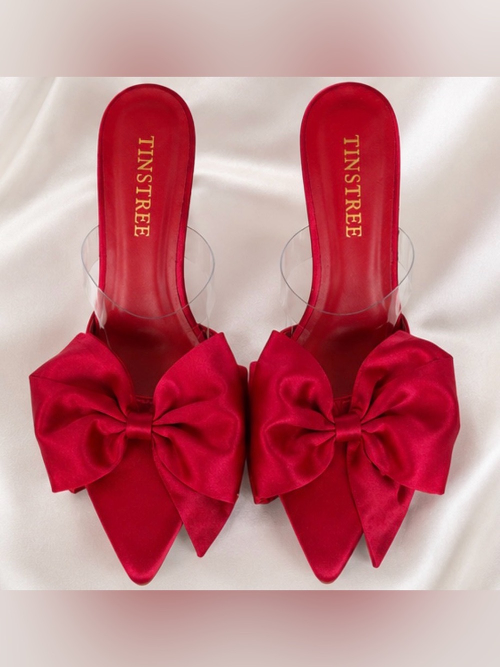TINSTREE Red Satin Bow Pointed Toe Mules with Clear Strap